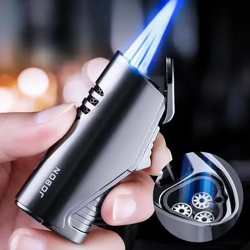 Jobon Triple Torch Jet Metal Lighter Pipe Lighter with Cigar Cutter Visible Crossbar Windproof Flame Accessory Gadget for Men