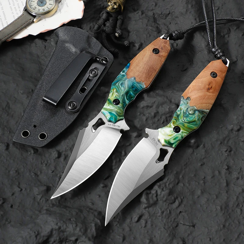 Handcrafted DC53 steel fixed-blade knife, unisex EDC knife, K-style sheath, resin and maple wood handle. Ideal for outdoor hiking, fishing trips, camping, and exploration—a versatile and practical EDC knife.
