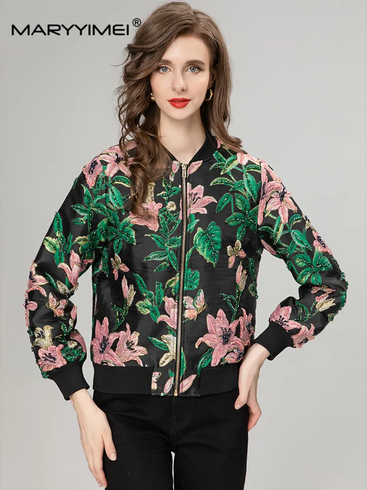 

MARYYIMEI Long sleeved Straight Casual Autumn Fashion Bright silk Lily flower Jacquard Beading Women's zipper Black Jacket Coat