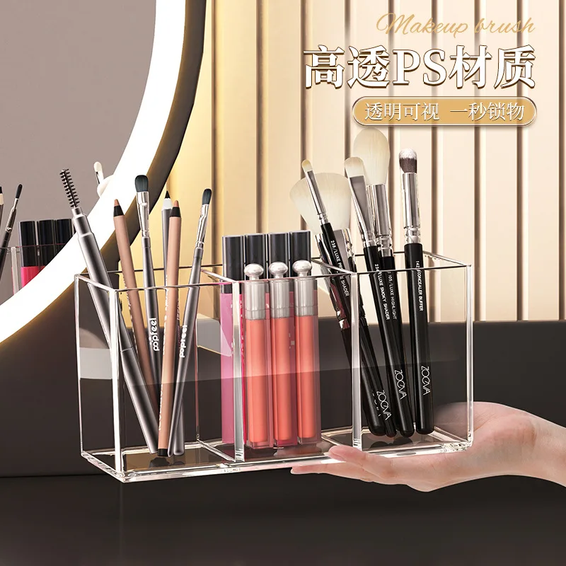 Clear Acrylic Pen Holder  Compartments Desk Organizer Stationery Pencil Cup Makeup Brush Storage Office Supplies