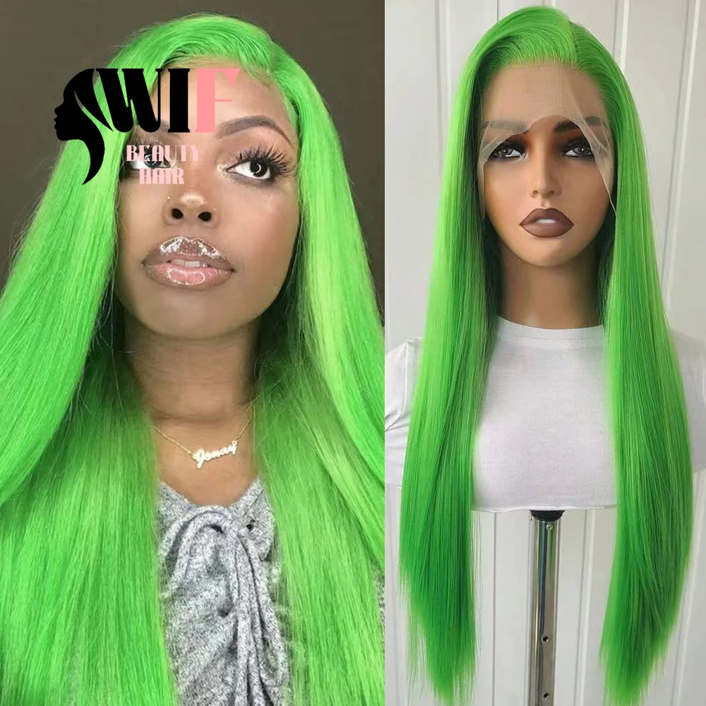 WIF Emerald Green Color Synthetic Wig Silk Long Straight Green Hair Cosplay Use Lace Front Wigs Heat Fiber Women Makeup Hair