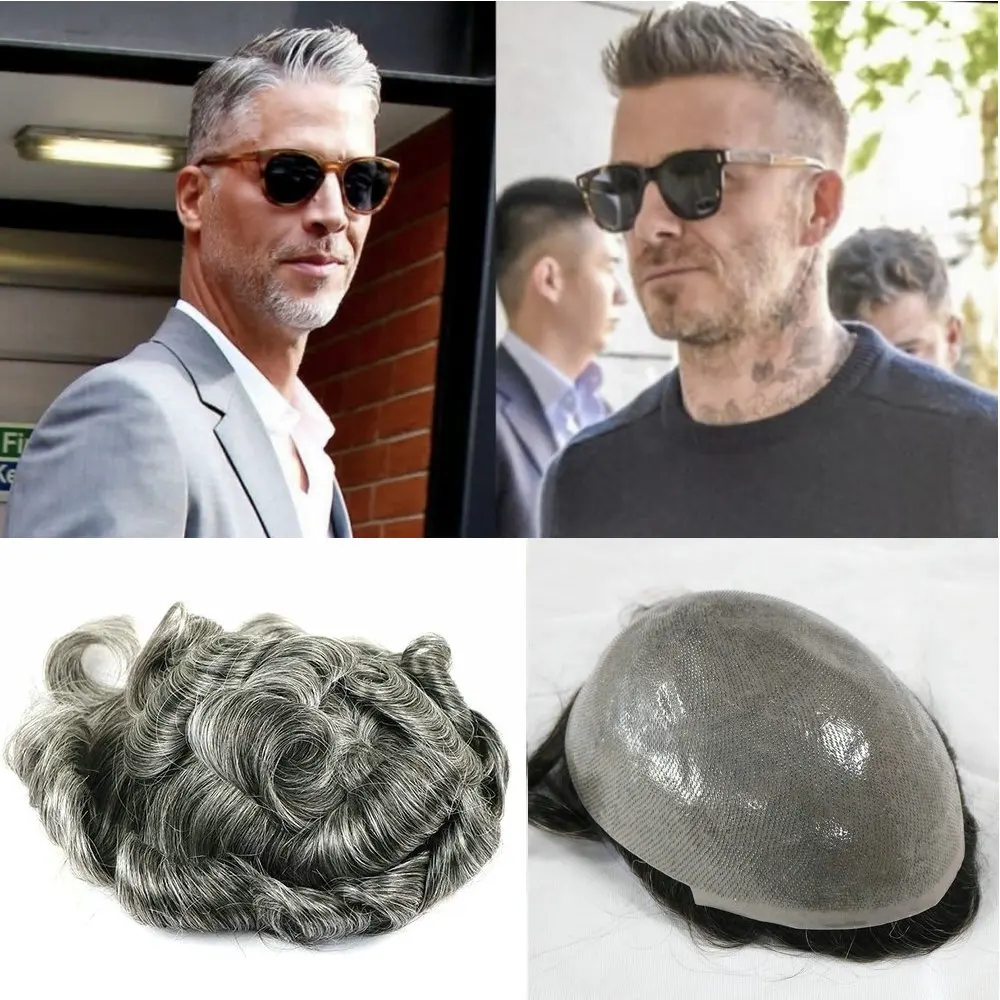 Men's Toupee Soft Silk Grey Durable Thin Skin V Loop 0.02 mm Full Skin Human Hair Undetected Capillary Prosthesis System