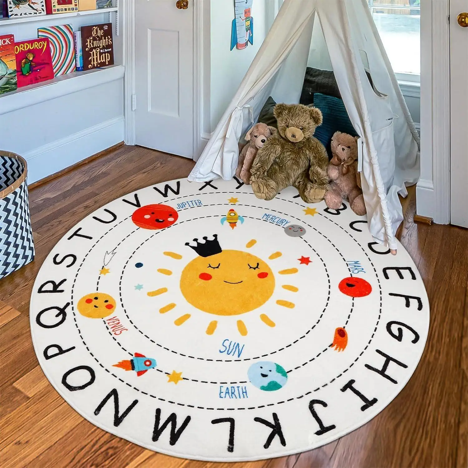 Round Rug – Bear, Cow, Whale Educational Kids Carpet, Non-Slip Floor Mat for Room Decor