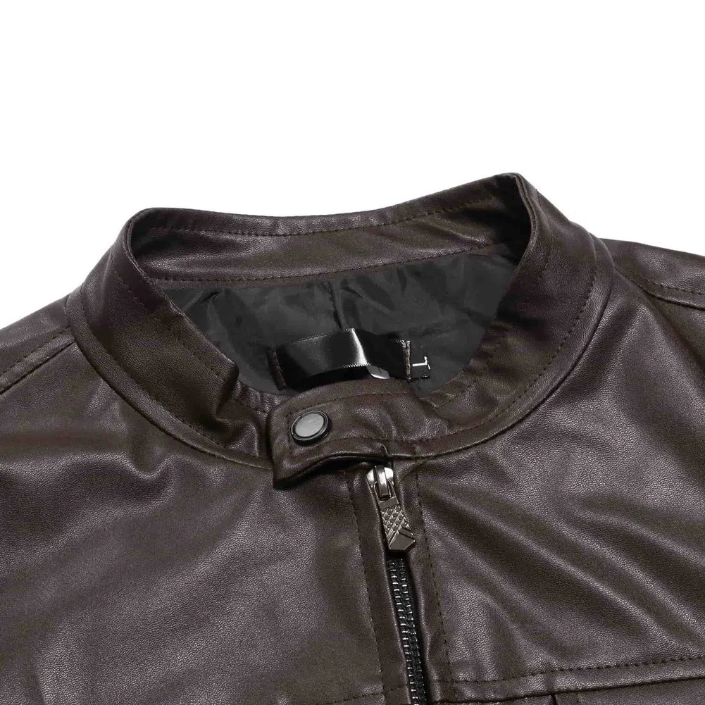 Regular Length Outerwear Men PU Leather Jacket For Autumn Outdoor Activities Long Sleeve Style Slim-fit Pattern