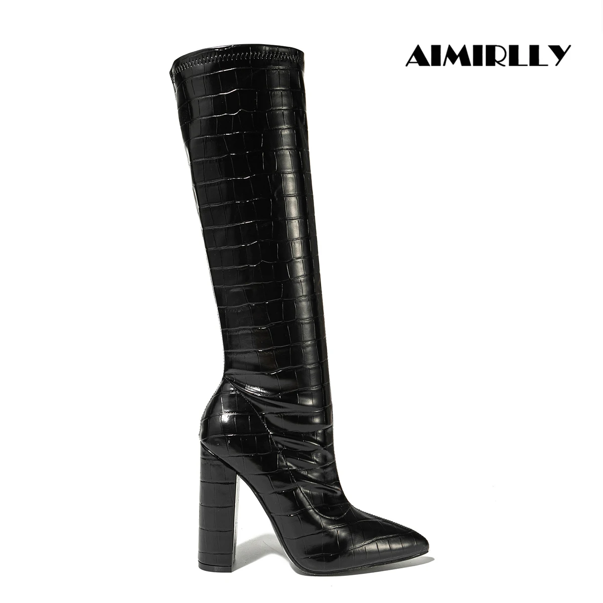 

Fashion Women's Crocodile Knee Boots Pointed Toe Block Heel Winter Knee High Riding Boots Ladies High Heels Shoes Black Zipper
