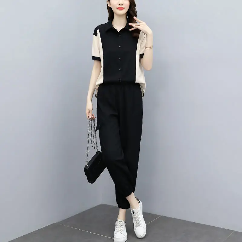 Elegante Mode Harajuku Slim Fit weibliche Kleidung locker lässig alle Match Button Kurzarm Blusa feste Hose zweiteilig Set