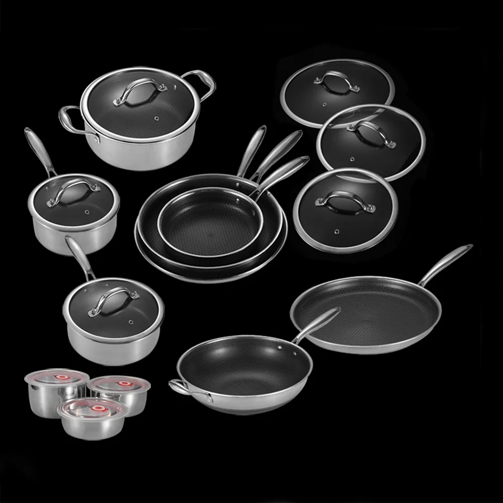 20 pcs Hexagonal Mixed Cookware Set with Lid Non-Stick Stainless Steel Wok Hexagonal Kitchenware Clod 3 Layer Stainless