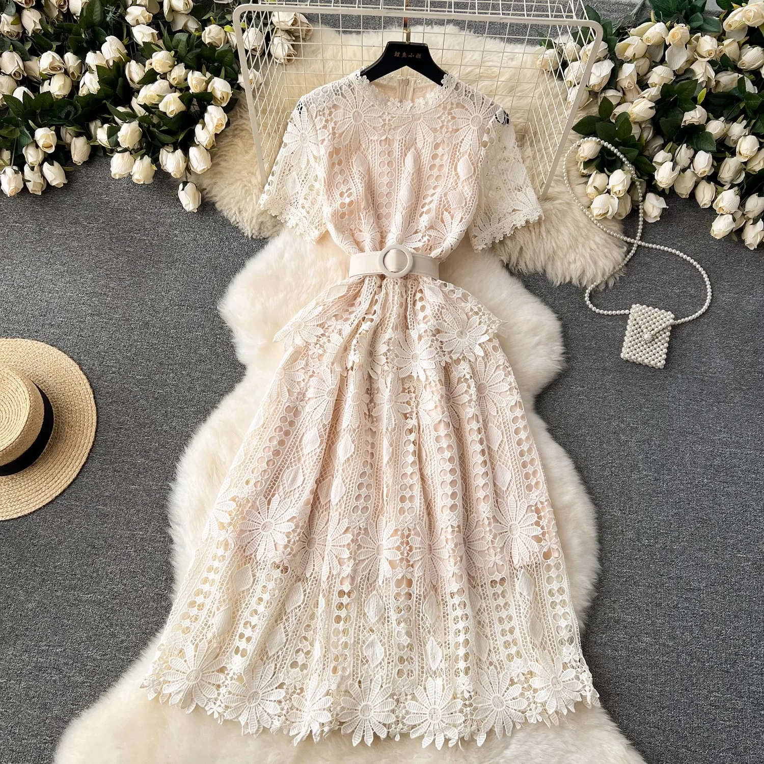 Runway Crochet Hollow Out Pink Midi Lace Dress for Women 2024 Summer Short Sleeve Embroidery Party Dress Elegant Holiday Robe