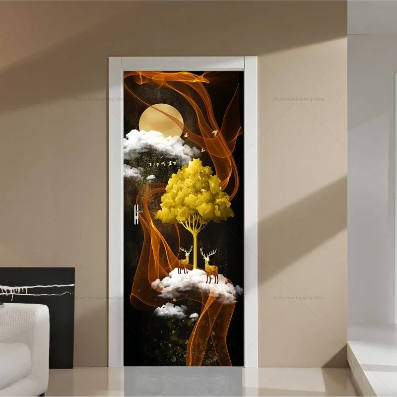 New Chinese Style Self-adhesive Door Sticker Light Luxury Home Decoration Mural PVC Vinyl Peel-off Wallpaper