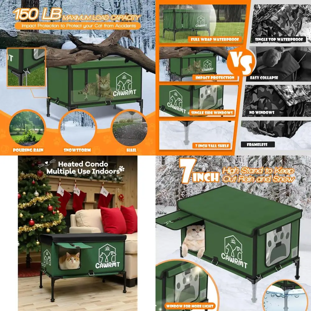 

Elevated Waterproof Outdoor Cat House with Heating Pad, Large Green Shelter for Stray Animals Protection
