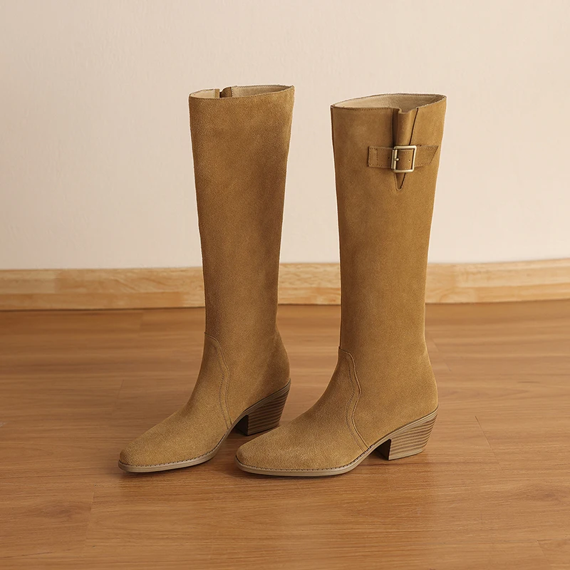 QUTAA 2027 Fashion Cow Suede Women Knee High Boots Autumn Shoes Pointed Toe Winter Casual Heels Western Long Boots Dress 34-43
