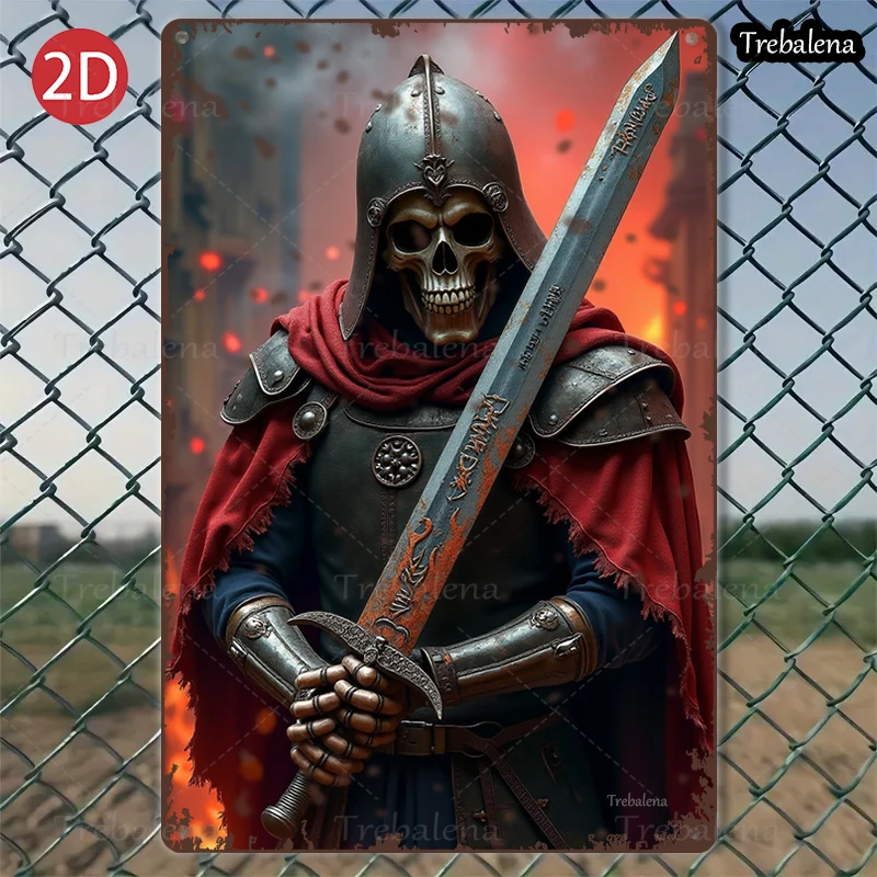 

1PC 2D Flat 8*12inch Metal Sign Skull Knight with Sword Medieval Warrior Art Decor
