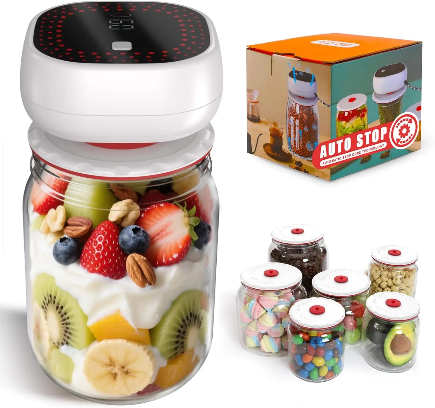

Electric Mason Jar Vacuum Sealer Kit - Auto-Stop with Digital Display, 60kPa Ultra Strong Suction for Wi /Regular Mout