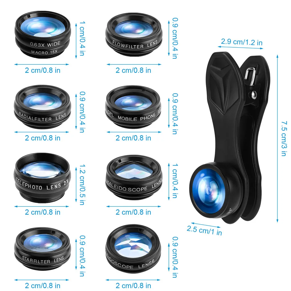 1Set/2Sets Lens Universal 10 in 1 Phone Camera Lens Kit Fish Eye Wide Angle Macro Lens CPL Filter for Smartphone