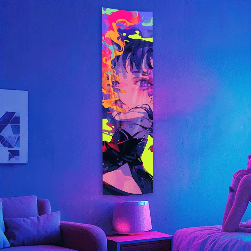 VIKAMA Blacklight Anime Girl Tapestry Smoke UV Glow Neon Vertical Wall Hanging Banner for Bedroom Dorm Game Room Wall Art Decor