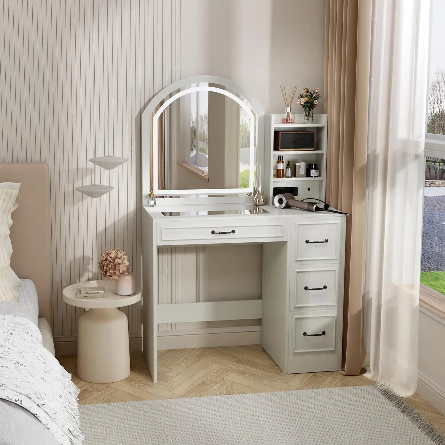 Modern Vanity Desk with Lighted Mirror, Glass Top, 4 Drawers & Power Outlet for Bedroom Bathroom, Customized
