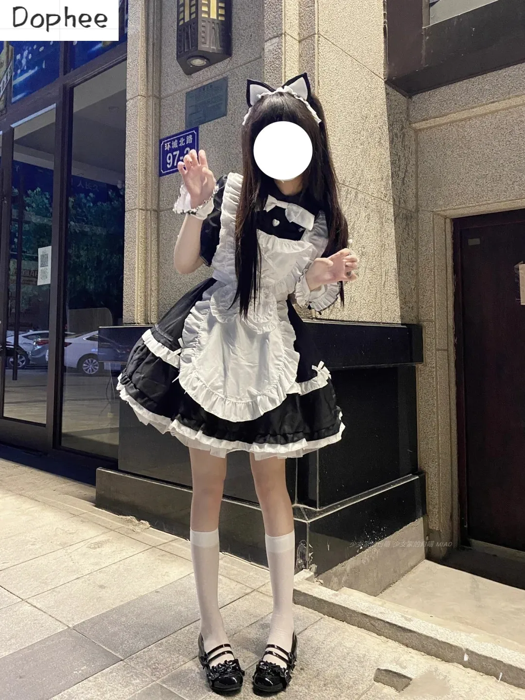 

Catmaid French Maid Dress Cos Lolita Plus Size Dresses Cute Sexy Cosplay Costumes Black and White Apron,headband,bow,sleeve