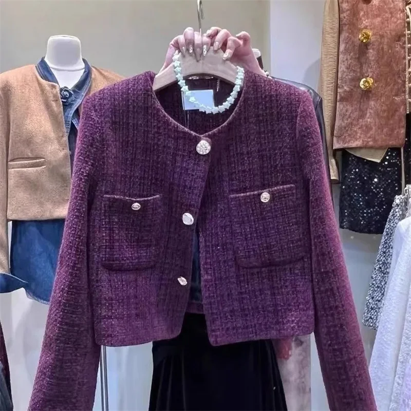 

2025 Korean Purple Tweed Short Jacket Women's Coarse Woolen Coat Spring Autumn O-neck Single-breasted Streetwear Lady Outerwear