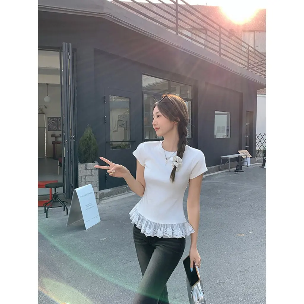 

Women's Ballet Style Lace round Neck Short Sleeve T-Shirt Spring Summer Fashion Top