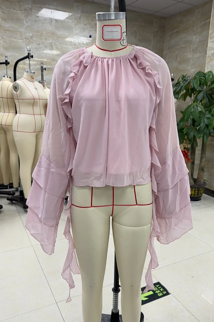 

Khaki Ruffled Sheer Blouse with Flared Sleeves for Women Long Sleeve Blouse Elegant Fall Shirts Women Casual and Office Wear