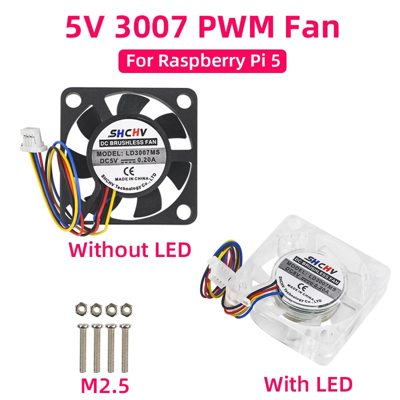 5V 3007 Fan PWM Speed Adjustable CPU Cooling Radiator JST Interface Optional LED with M2.5 Screws Nutsfor Raspberry Pi 5 4G 8G