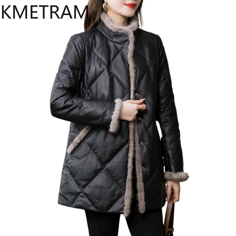 100% جلد الغنم أسفل معاطف النساء الوقوف طوق جلد طبيعي أسود سترة منفوخة 2025 ملابس خارجية ملابس الشتاء امرأة putaхоovyк