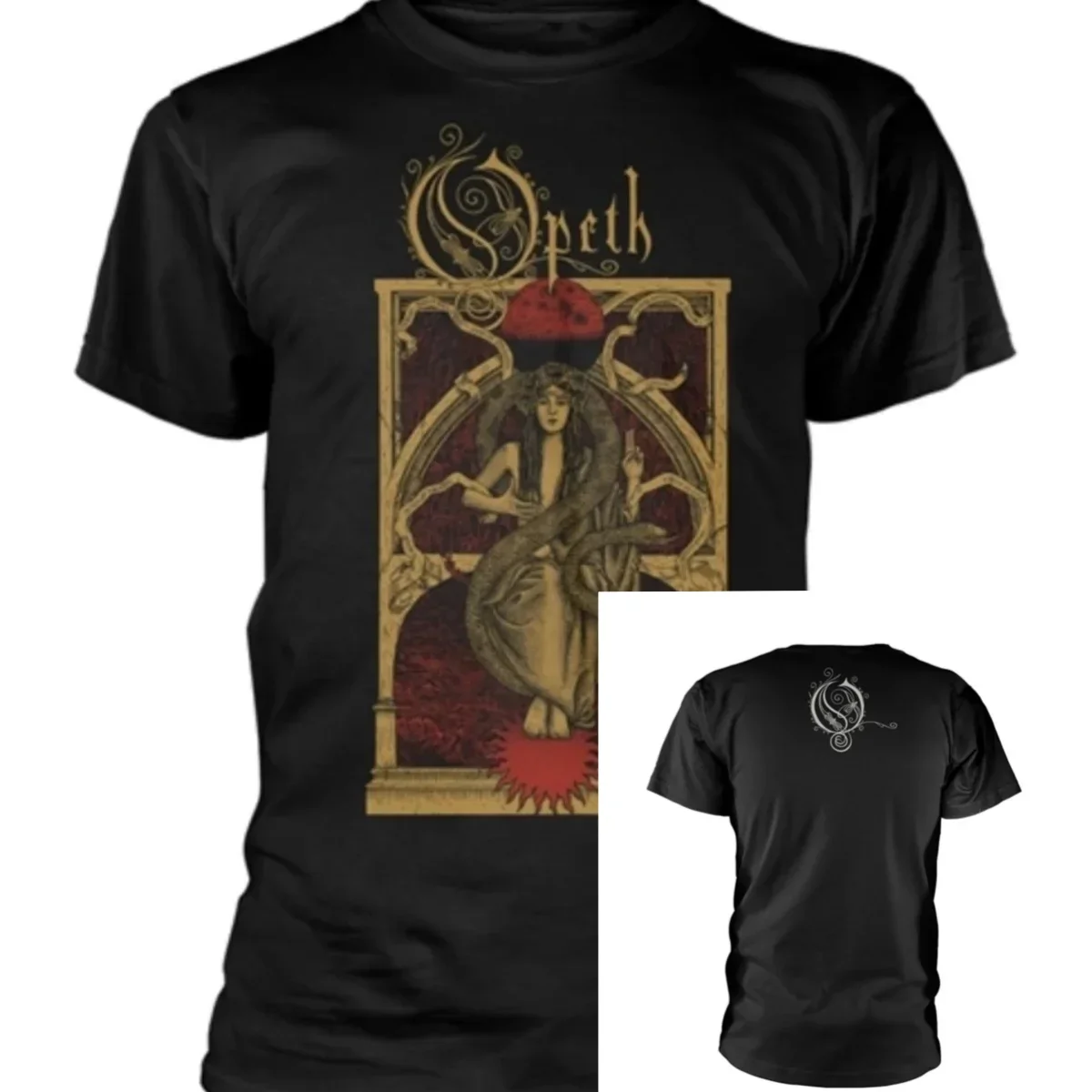 Opeth T‑Shirt Vintage Gothic Tarot‑Style Engraving Artwork Bewitching Seated Female Figure Wreathed By A Large Serpent
