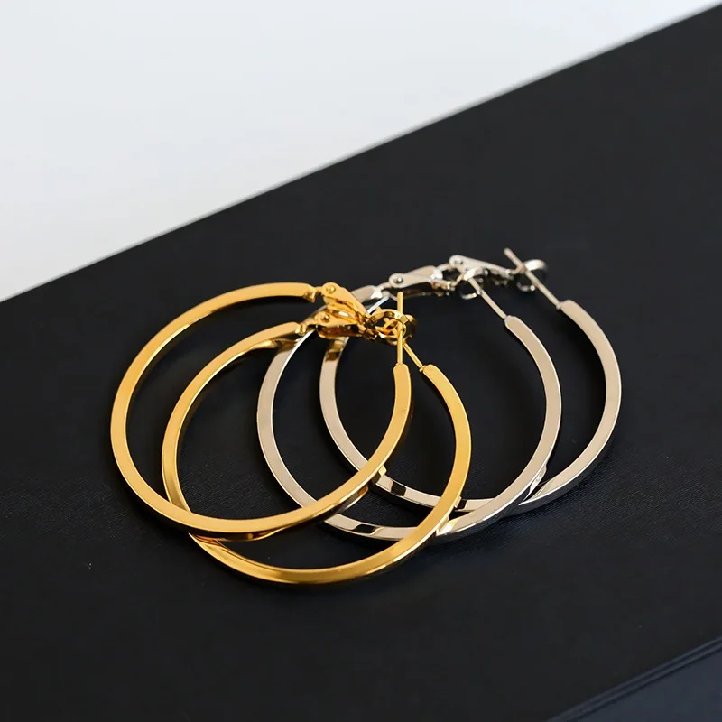 

925 Silver Needle 18K Gold-Like Metal Polished Large Hoop Earrings Hiphop Trendy Exaggerated Stylish Textured Jewelry for Women