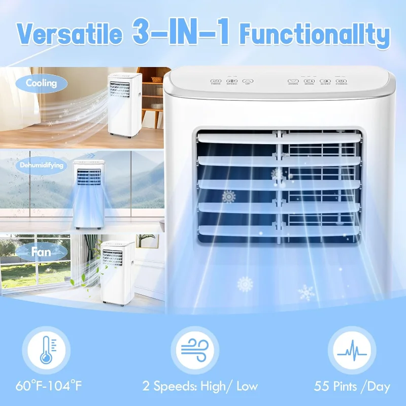 مكيف هواء محمول 8500 وحدة حرارية بريطانية 3 في 1 مع وحدة تيار متردد ومزيل الرطوبة مع جهاز تحكم عن بعد LED حتى 450 قدم مربع.