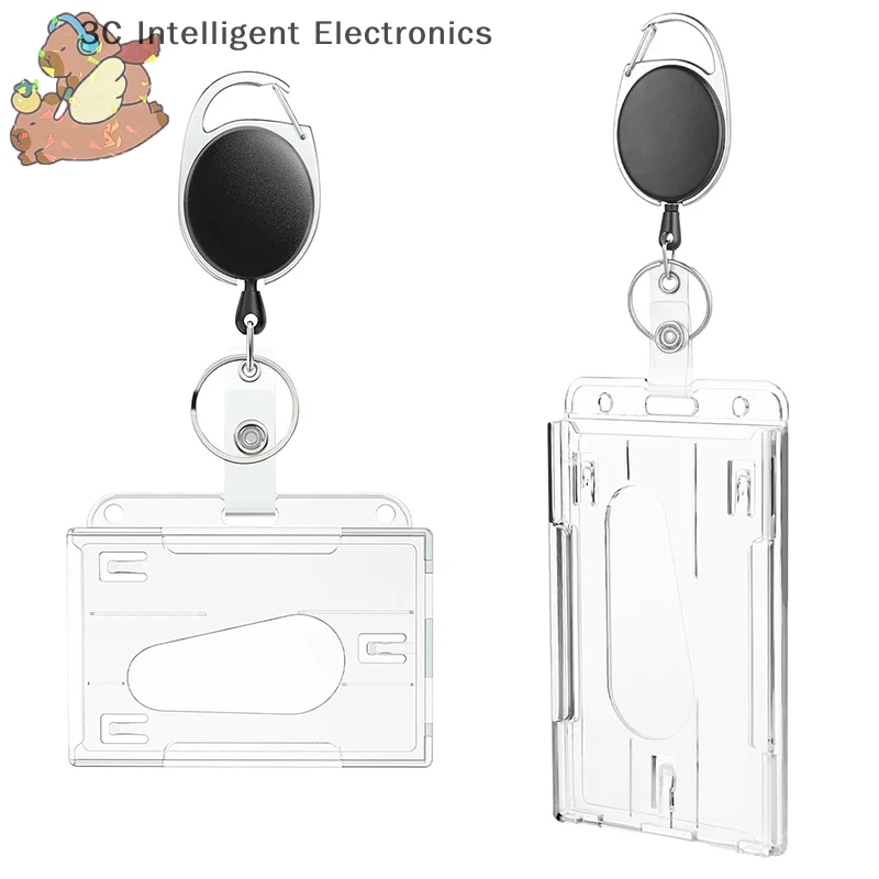 1pc Double Badge Holder Vertical 2 Card Badge Holder With Thumb Slots Hard Transparent Case Protector With Retractable Badge