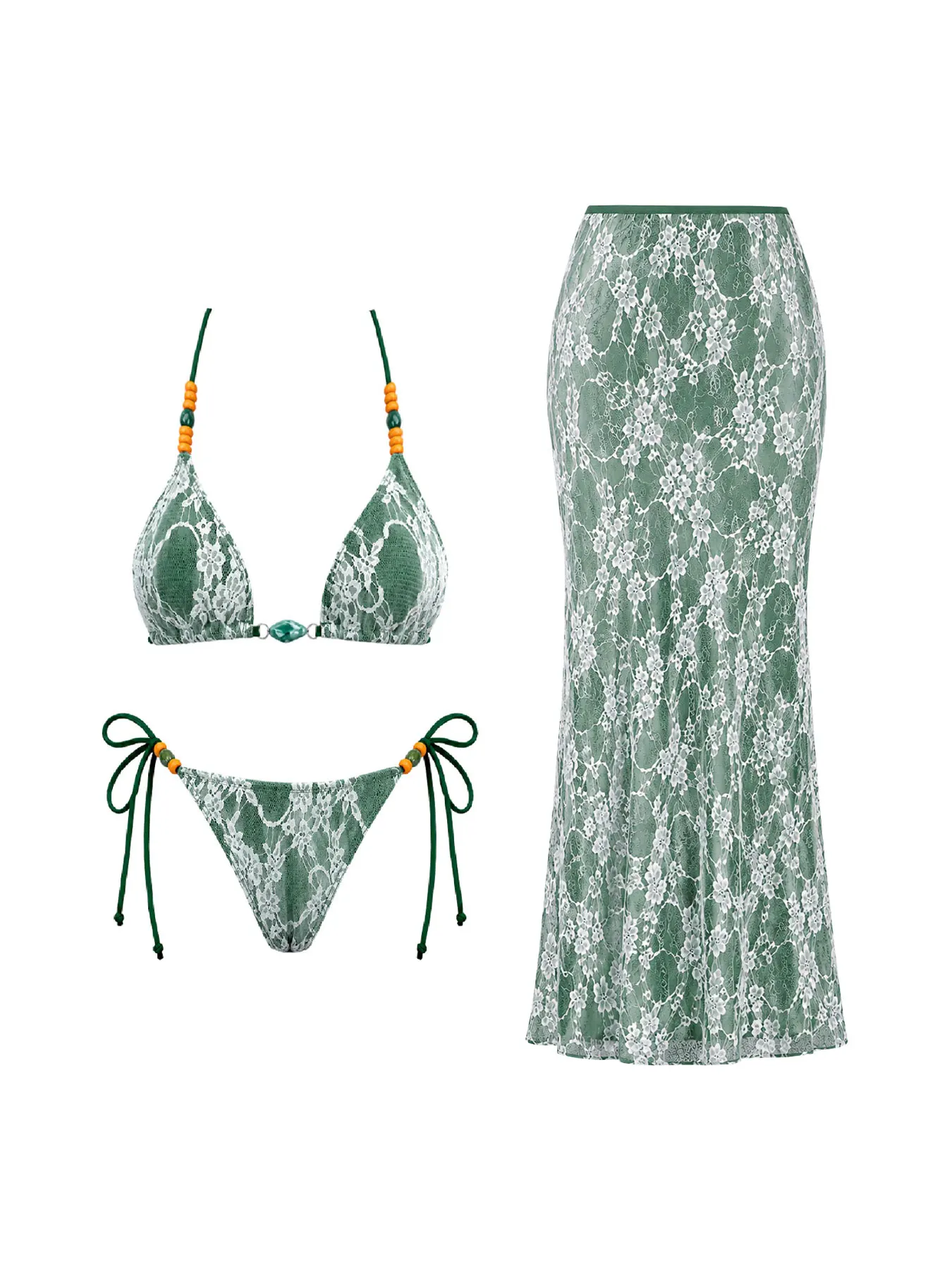 

Sexy Beaded Triangle Bikini With Skirt Set Women's 3Pcs Swimsuit Fashion Lady Contrast Lace Biquini Bathing Suit Mujer Swimwear