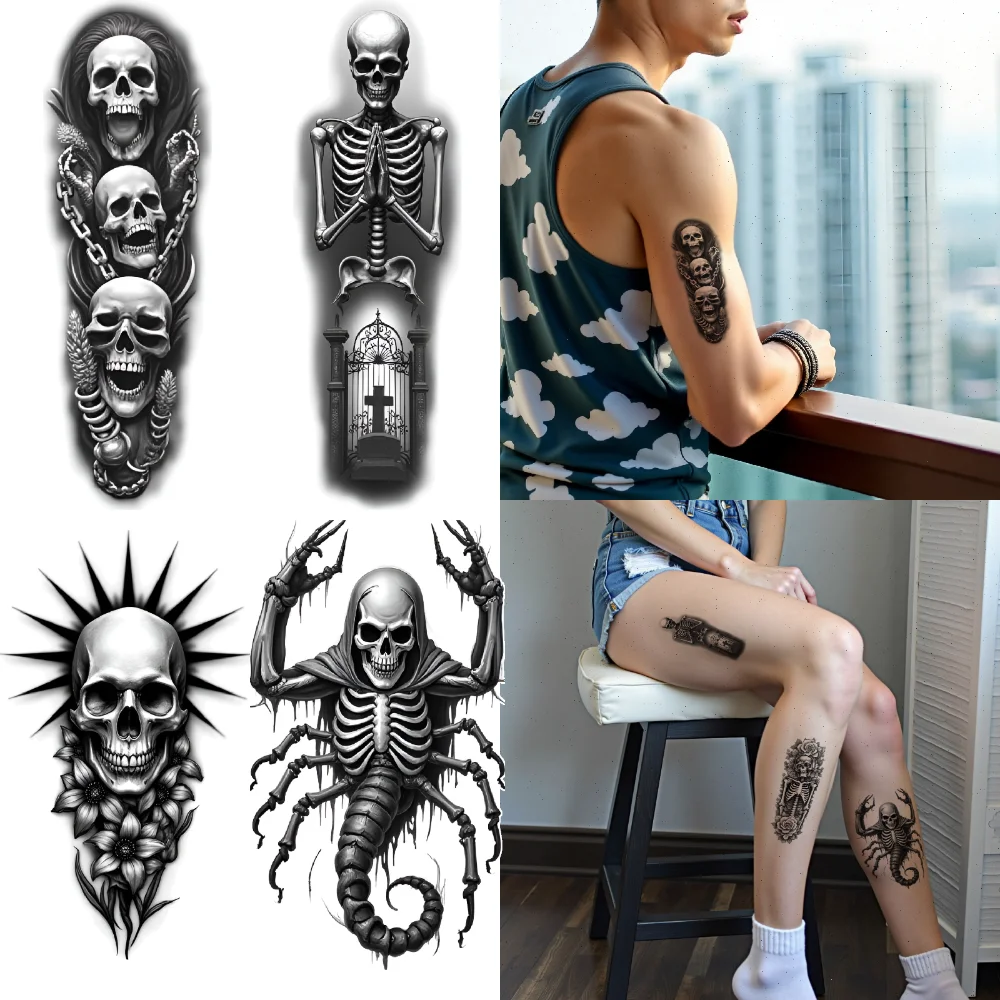 

3 шт., временные татуировки, скелет, реалистичные временные татуировки, розы, цепочки, водонепроницаемые долговечные наклейки для тела, летучая мышь для мужчин