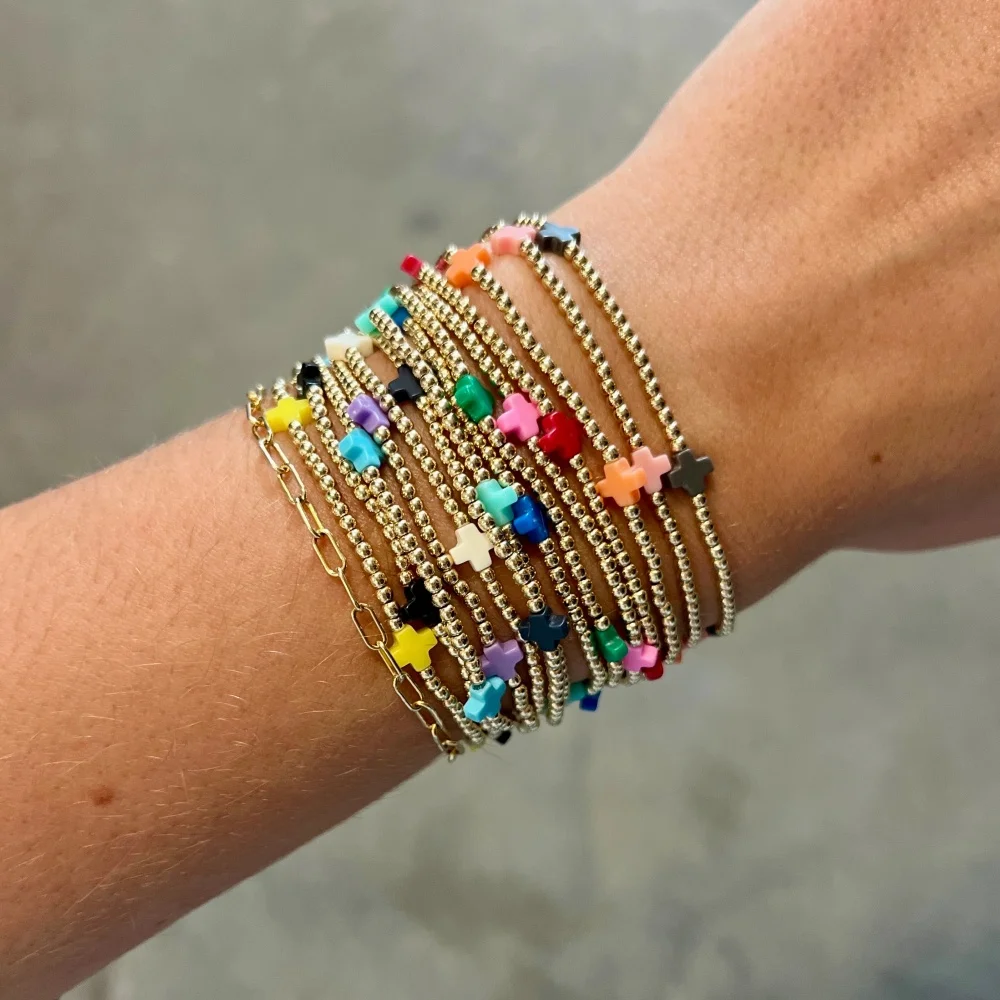 

11PCS Colorful Cross Beaded Bracelet Set for Women, Adjustable Gold Bead Stretch Bracelets, Trendy Fashion Jewelry Accessories
