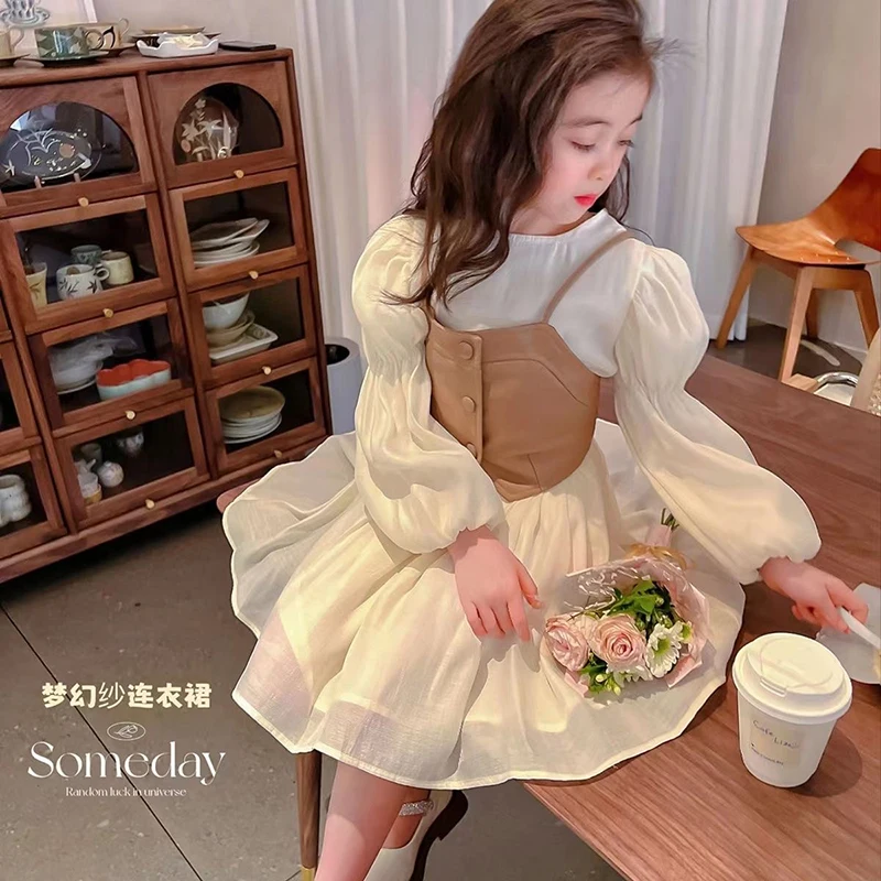 2 To 12 Years Long Sleeve Chiffon Princess Dress + PU Leather Vest 2Pcs 2026 New Elegant Girls Dress Spring Autumn Kids Clothes