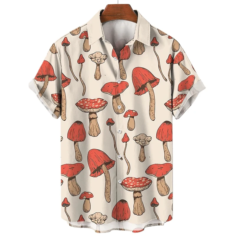 Mushroom 3D Print Shirts For Men Clothes Cartoon Harajuku Fashion Agaricus Campestris Graphic Blouses Hawaiian Y2k Boy Beach Top