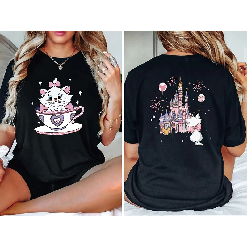2025 ฤดูร้อนใหม่ Aristocats การ์ตูนอะนิเมะพิมพ์เสื้อยืดผู้หญิงแฟชั่น Casual เสื้อยืด Mary Cat Crazy Teacup Party เสื้อ