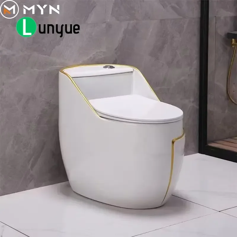 Luxury Egg Shaped One Piece Ceramic Toilet White Gray with Gold Line P Trap Modern Bathroom