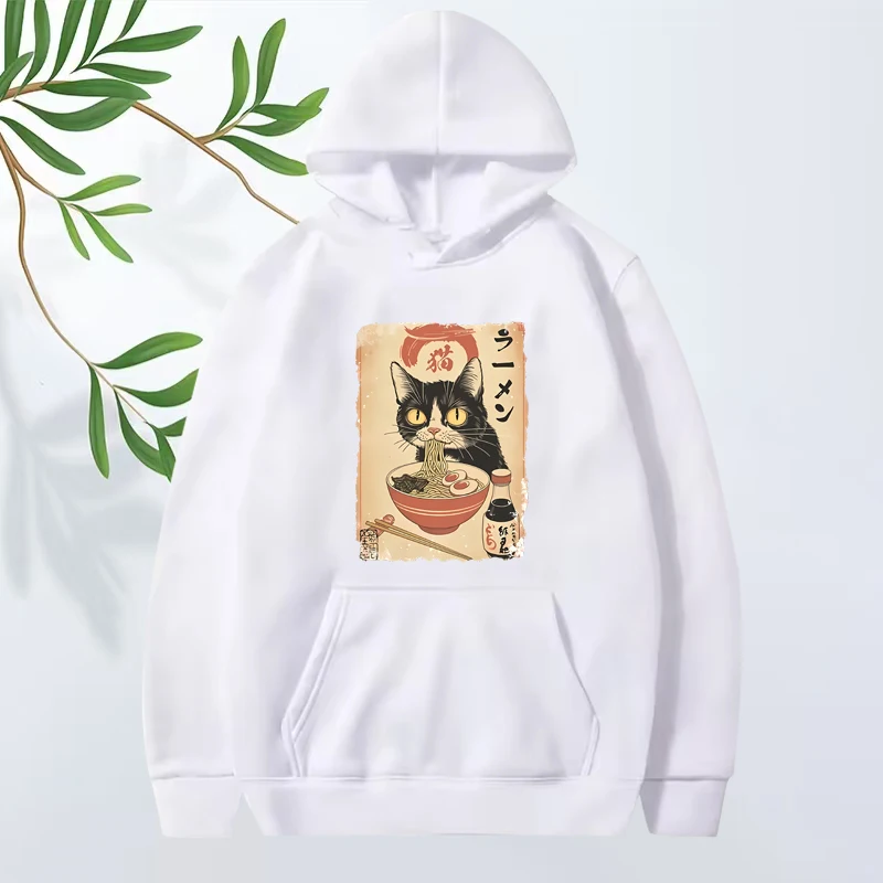 Ramen Cat hoodie Japanese Style Black Cat Eating Ramen Grpahic men women Long sleeve streetwear print oversized hoodie unisex
