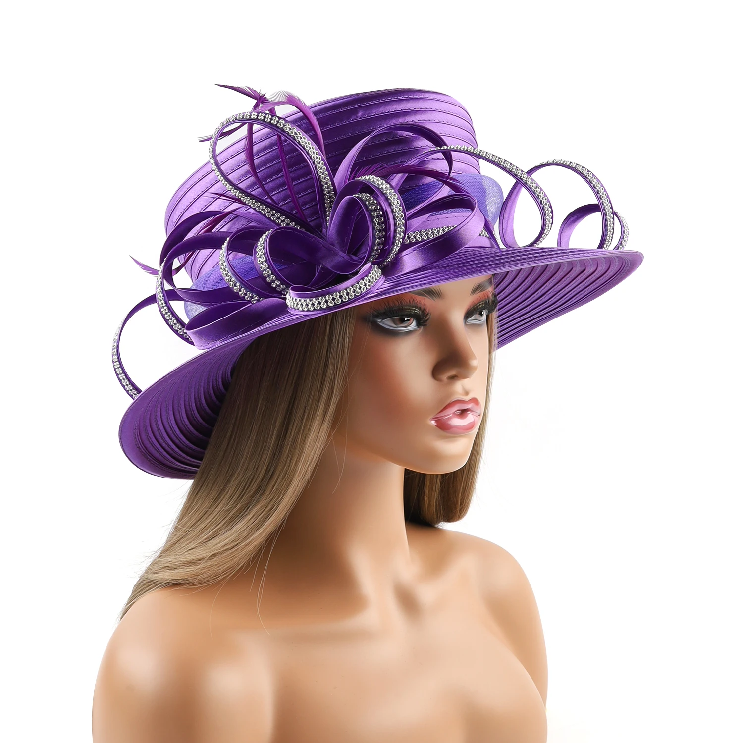 Purple Premium Satin Cloth Church Hat Deluxe Luxury Elegant Photography Hat Beauty Fancy Formal Flower Fascinator Hat Female