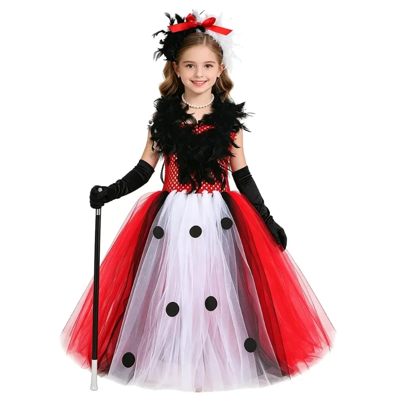 Classic Cartoon Villain Cosplay Dress Polka Dot Top Layered Colorful Mesh Skirt with Feather Decor for Carnival Birthday Party