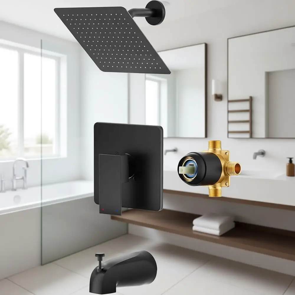 Conjunto de Chuveiro e Torneira Preto Fosco com Chuveiro de 8 Polegadas e Bico para Banheira, Conjunto de Alças e Kit de Acabamento