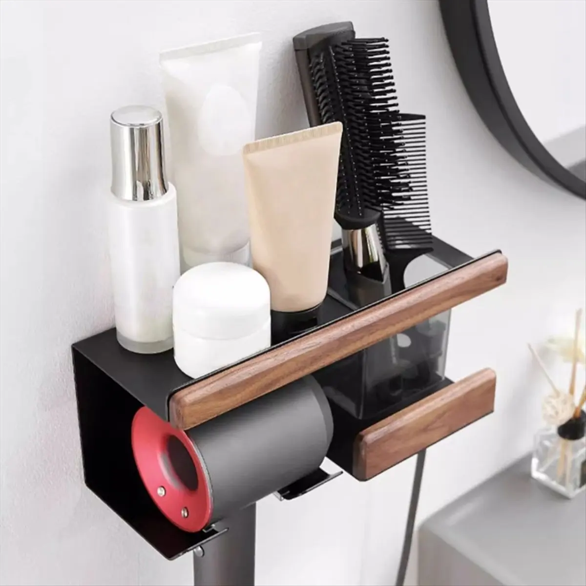 Present Wall Mount Walnut Wooden Hair Dryer Holder Stand Bathroom Stylish Hair Tool Rack Organizer Shelf Blow Dryer Holder Pylon
