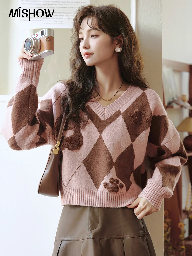 MISHOW Women\'s Knitted Sweaters Autumn Winter New V Neck Rhombus Plaid Casual Pullover Korean Inner Sweater Tops MXC51Z0221