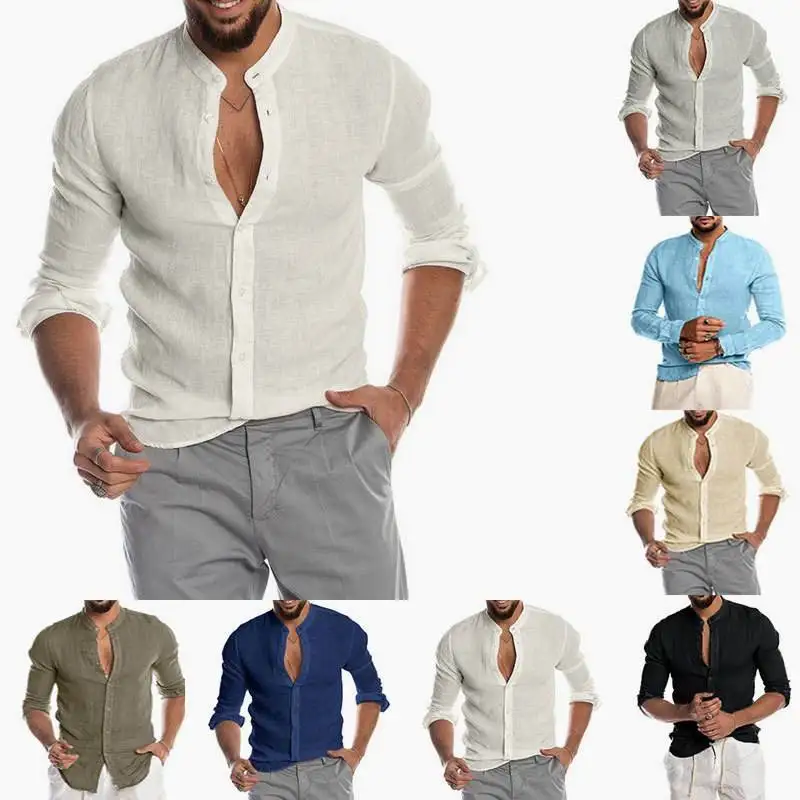 

Autumn Winter Men's Linen Shirt Stand Collar Long Sleeve V-Neck Open Cardigan Collar Special Wide Fit Regular Thickness