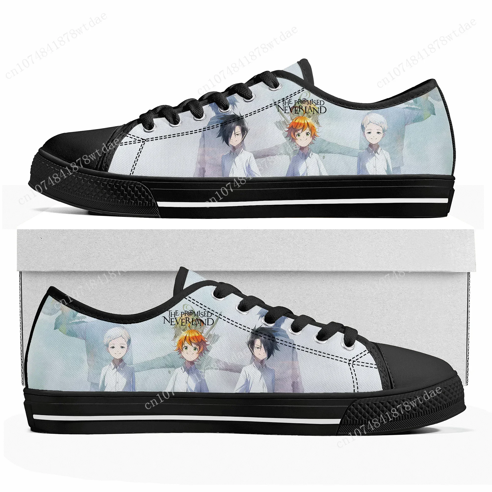 O prometido neverland emma baixo topo tênis das mulheres dos homens adolescente de alta qualidade tênis lona casual anime dos desenhos animados personalizar sapatos