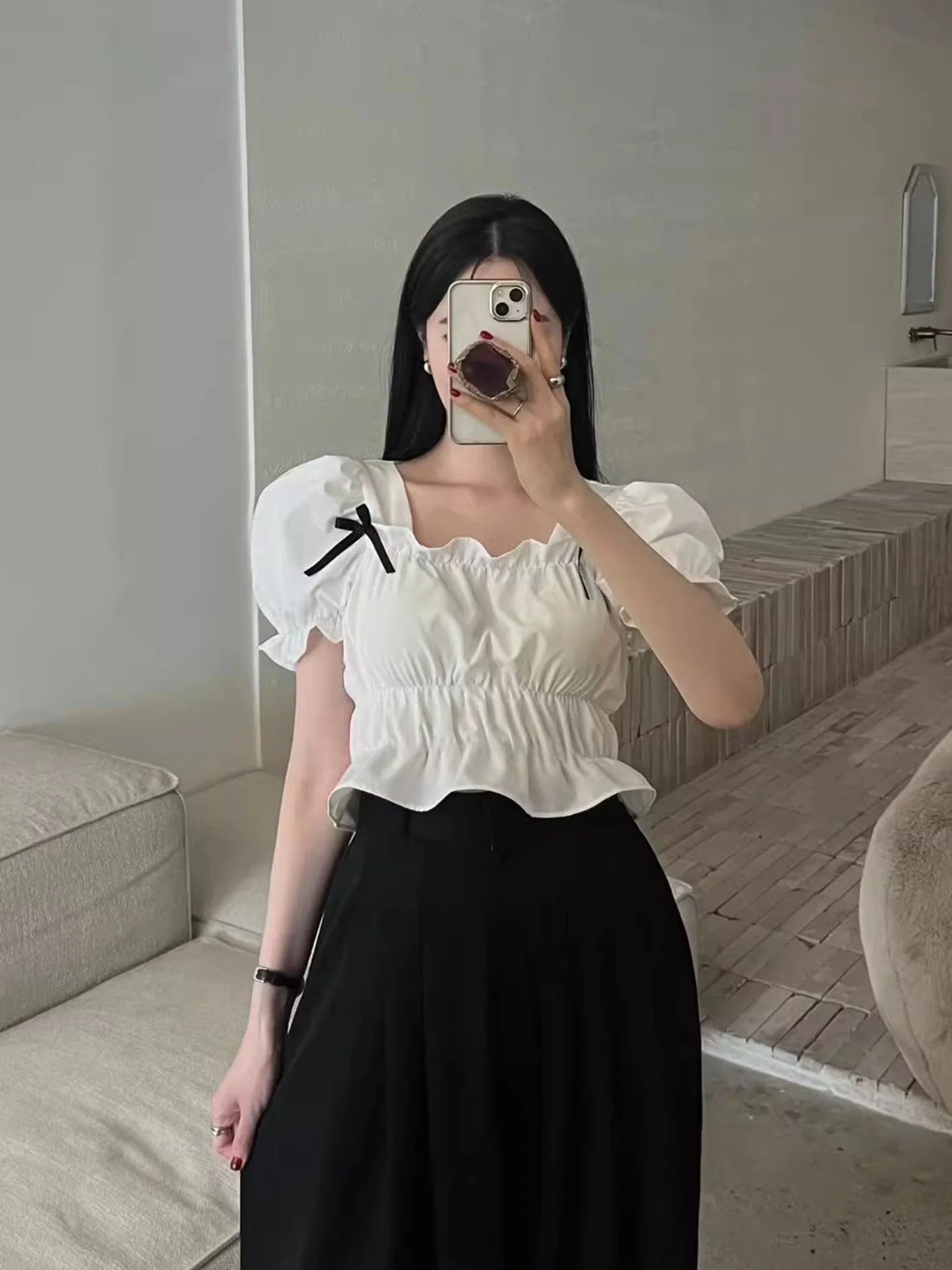 

Liliang Gentle Knot Bubble Sleeve Short Shirt Women's Summer New Age Reduction Lace Trim Blouse Korean Style Polyes...