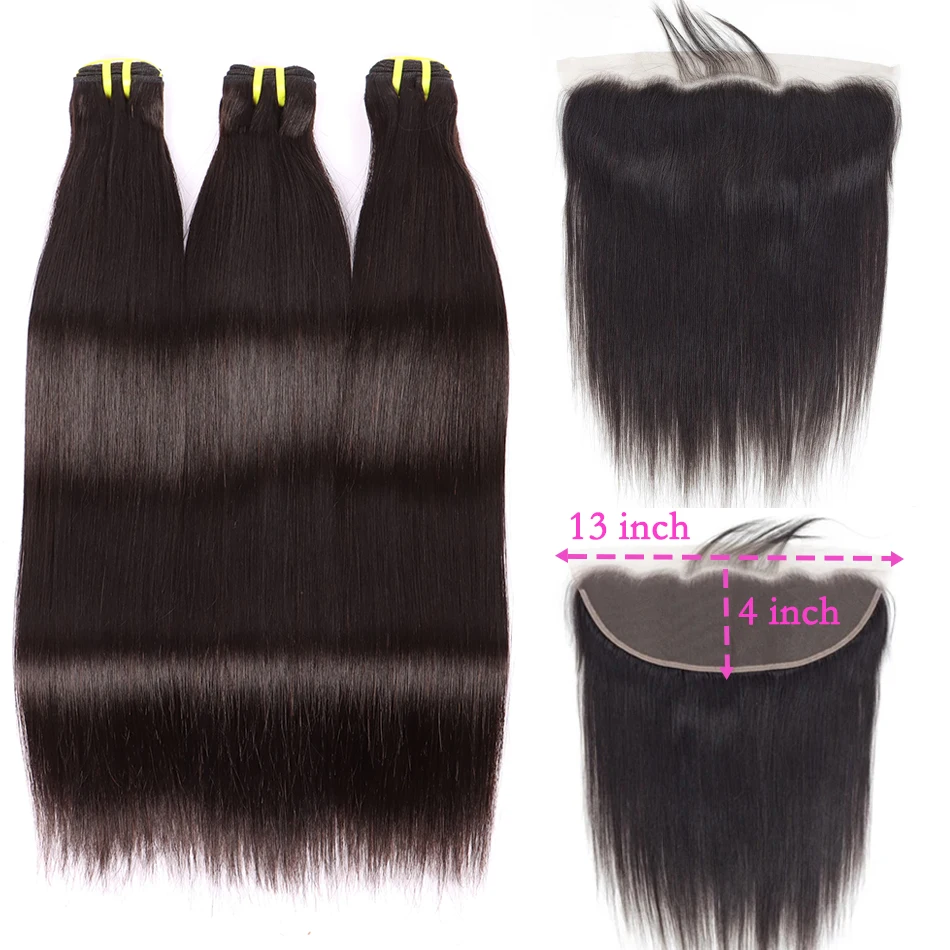 Osso em linha reta cabelo humano 3/4 pacotes com 13x4 renda transparente frontal 30 Polegada 100% extensões tecer cabelo humano para mulher