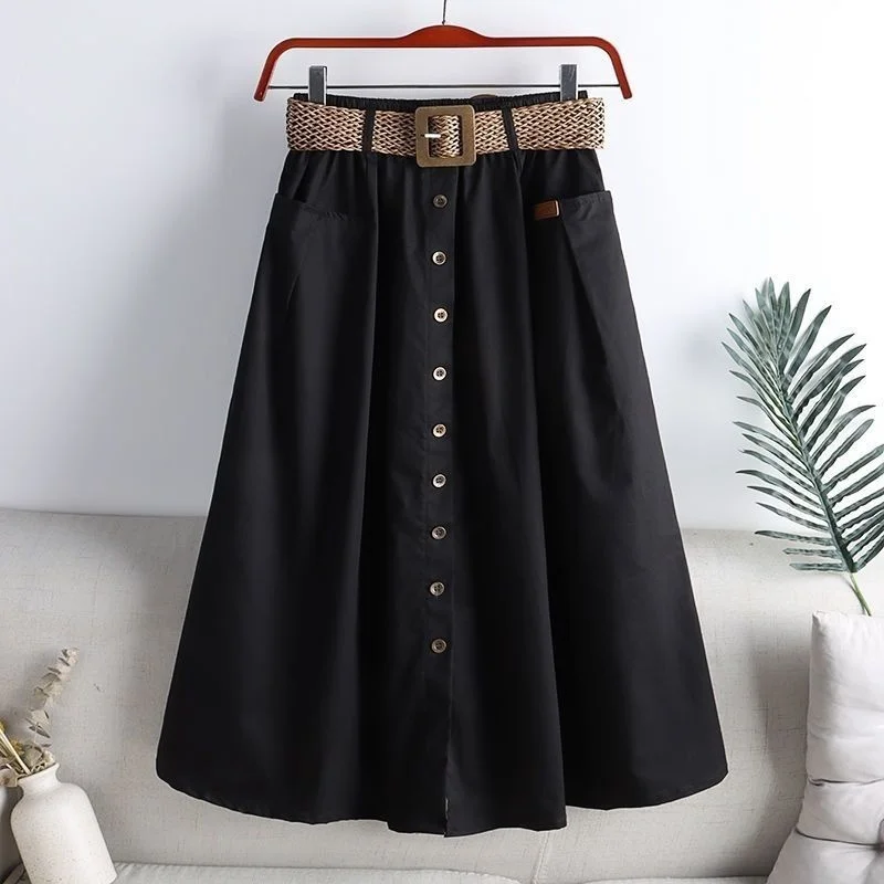 2025 Spring Summer Women Washed Cotton Elastic High-waist Skirt Pocket Belt Solid Long A-line Skirts Split Hem All-match Skirts