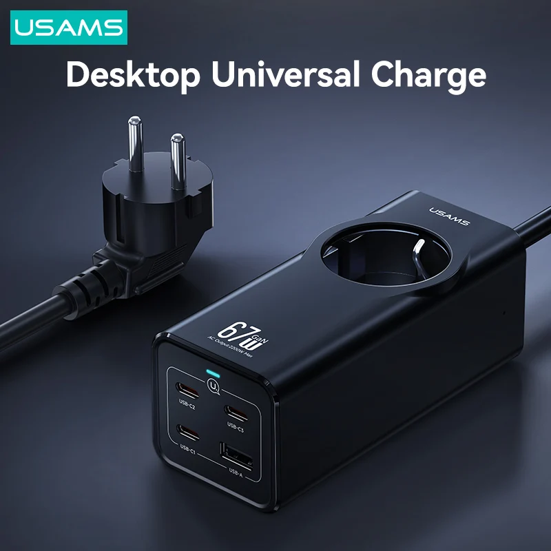 USAMS 67W GaN Charger Power Strip Desktop Fast Charging Station Adapter With Expansion EU Plug For iPhone Samsung Tablet Laptop