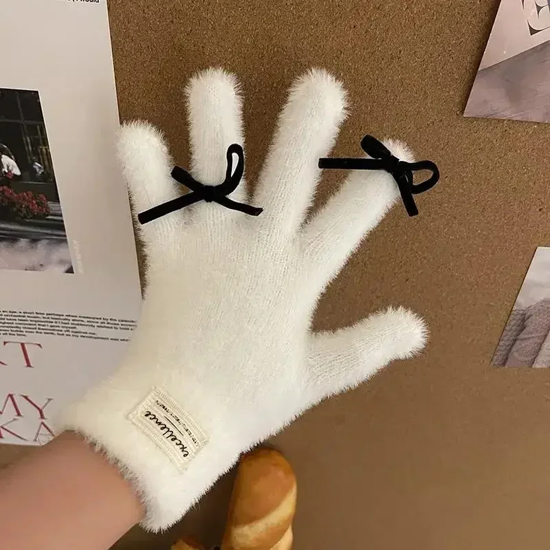 Winter Verdickte Warme Handschuhe Y2K Spicy Girl Handschuhe Beflockung Bogen Knoten Rex Kaninchen Haar Touchscreen Handschuhe Winter Neue Produkt